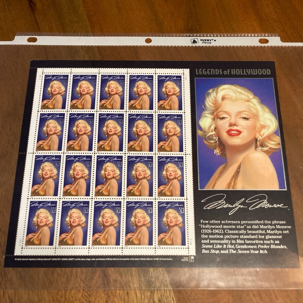 Legends of Hollywood Commemorative Postage Stamp Sheet-Marilyn Monroe